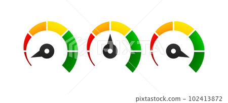Speedometer, gauge meter signs. Scale, level of performance. Speed dial indicator. Low and high barometers. Infographic of risk, gauge, score progress. Fast speed concept. Vector illustration. Speedometer, gauge meter signs. Scale, level of performance. Speed dial indicator. Low and high barometers. Infographic of risk, gauge, score progress. Fast speed concept. Vector illustration. 102413872