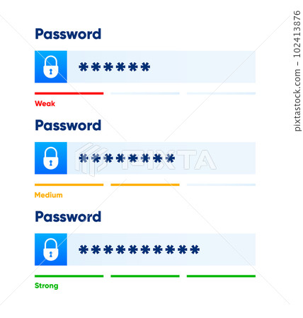 Password weak, medium and strong. Password form template for website and programs. Digital security bar. Safety requirement. Vector illustration. 102413876