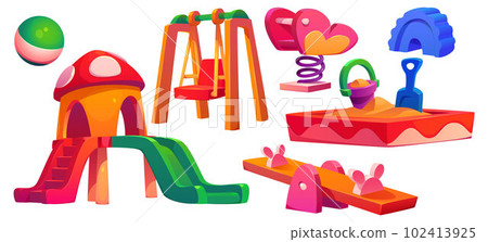 Kids playground in park, swing, slide and sandbox 102413925