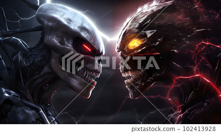 Alien monster fighting. Game competition action poster. Illustration Generative AI Alien monster fighting. Game competition action poster. Illustration Generative AI 102413928