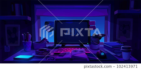Home office workplace desk near window at night 102413971