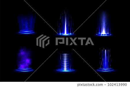 Realistic set of blue light portals on black 102413990