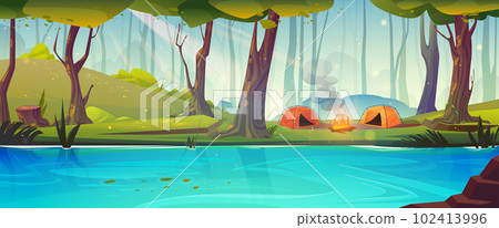 Campsite in forest near river cartoon landscape - Stock Illustration ...