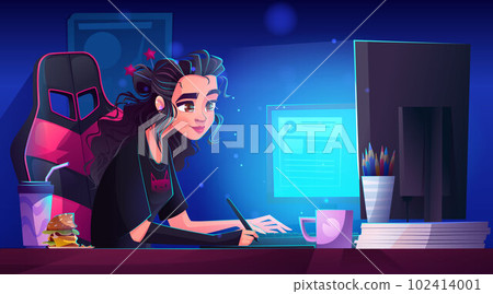 Female designer working on computer at night 102414001