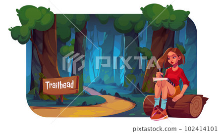 Forest landscape with path and girl sitting on log Forest landscape with path and girl sitting on log 102414101