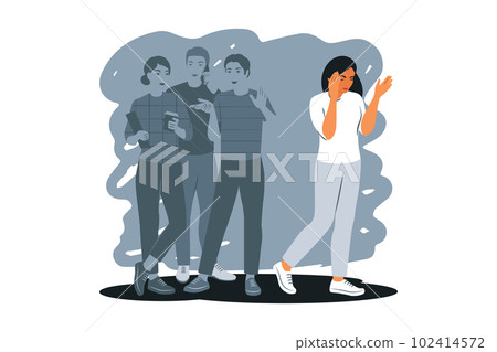 Social phobia, anxiety disorder consept. Sad woman struggle with loneliness and solitude in crowd. Outcast. Vector illustration. 102414572