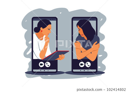 Online therapy. Psychotherapist supports woman with psychological problems. Counselling for people under stress and depression over online services. Vector illustration. Online therapy. Psychotherapist supports woman with psychological problems. Counselling for people under stress and depression over online services. Vector illustration. 102414802