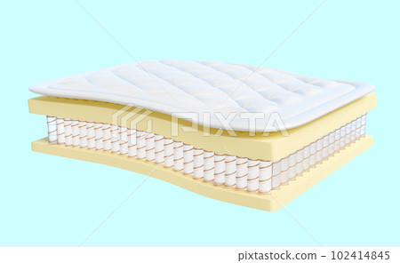 3d layered sheet material mattress with air fabric, pocket springs, natural latex isolated on blue background. 3d render illustration, clipping path 102414845
