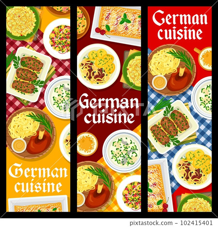 German cuisine restaurant food banners. Sauerkraut sausage stew, vegetable sausage and cheese salad, roasted ham hock, fish Eintopf, and pork mushroom rolls, pork ribs with potatoes, cherry strudel 102415401