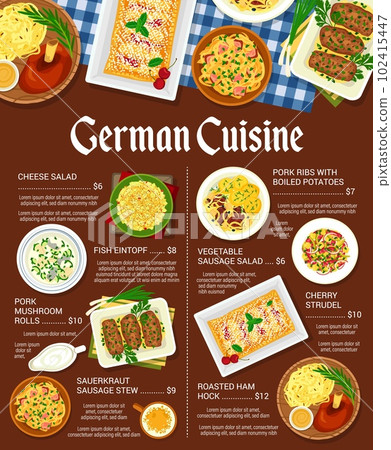 German cuisine restaurant menu. Pork ribs with boiled potatoes, cheese salad and pork mushroom roll, Sauerkraut sausage stew, fish Eintopf and roasted ham hock, vegetable sausage salad, cherry strudel 102415447