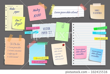 Paper notes, stickers, sticky sheets and tapes, vector notebook scrap memos. Torn paper tags on adhesive tape, message card frames and copybook page notes for memos on sticky notepaper and pins 102415516