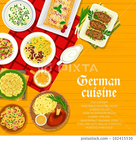 German cuisine restaurant menu cover design. Sauerkraut sausage stew, cheese and sausage salad, fish Eintopf, cherry strudel and roasted ham hock, pork ribs with boiled potatoes, pork mushroom rolls 102415530