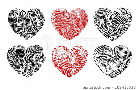 Fingerprint hearts. Valentine holiday black and red fingermark patterns, 8 march celebration ink fingerprint texture or anniversary invitation thumbprint vector symbols. Wedding card thumb prints Fingerprint hearts. Valentine holiday black and red fingermark patterns, 8 march celebration ink fingerprint texture or anniversary invitation thumbprint vector symbols. Wedding card thumb prints 102415538