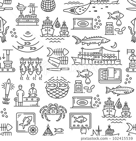 Fishing industry seamless pattern, fishery boat, fish and seafood, vector background. Sea fishing industry pattern background of fisherman net or fishnet, fish procession and production equipment 102415539