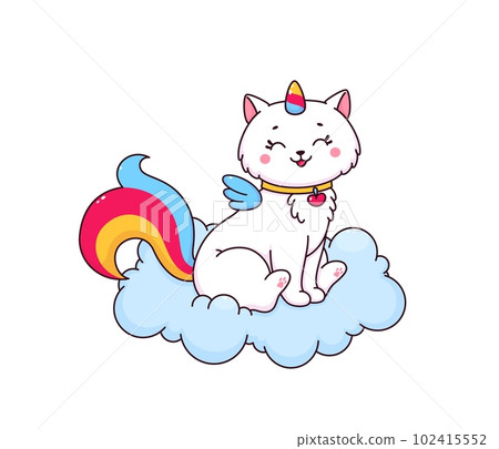 Cartoon caticorn character on fluffy cloud with rainbow unicorn horn, tail and angel wings. Cute white cat vector personage, adorable kitty or kitten caticorn wearing collar with heart 102415552