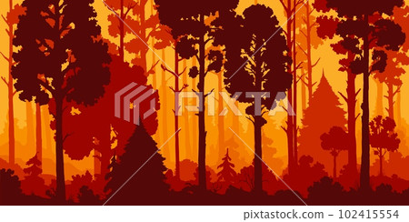 Forest silhouette, trees nature landscape background with pines and wood plants, vector panorama. Forest background with deciduous or coniferous trees, oaks, firs and bushes in woodlands orange fog 102415554
