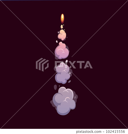 Cartoon rocket smoke trail with fire flames and steam clouds. Vector spaceship or space shuttle carrier rocket launch contrail, speed power motion effect with air blast and dust clouds 102415556