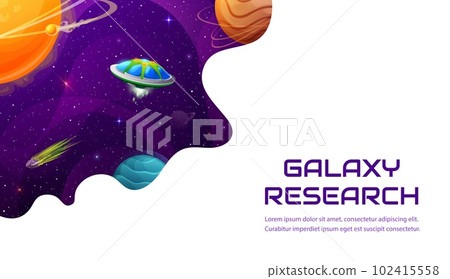 Space landing page. Cartoon alien UFO spaceship in galaxy with fantasy planets, fire asteroids, stars and comets. Space research landing page vector template for business company website, astronomy 102415558