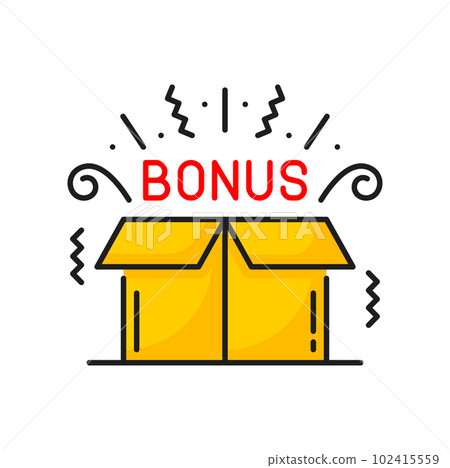 Mystery gift box with secret, surprise with giftbox color outline icon. Vector open box with bonus sign and confetti explosion inside 102415559