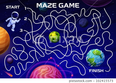 Cartoon space labyrinth maze. Help to astronaut find the Earth planet vector game puzzle quiz. Find right way game worksheet with space map, alien galaxy planets, stars, asteroids and spaceman Cartoon space labyrinth maze. Help to astronaut find the Earth planet vector game puzzle quiz. Find right way game worksheet with space map, alien galaxy planets, stars, asteroids and spaceman 102415573