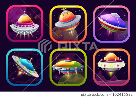 Cartoon UFO space game app icon, vector ui or gui assets. Futuristic flying saucers in fantasy galaxy with alien planets, asteroids and stars rounded square icons of mobile application or game store Cartoon UFO space game app icon, vector ui or gui assets. Futuristic flying saucers in fantasy galaxy with alien planets, asteroids and stars rounded square icons of mobile application or game store 102415582