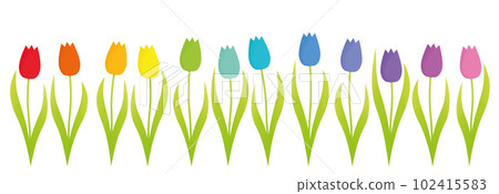 Colorful tulips, rainbow gradient set of twelve colorful flowers in a row. Isolated vector illustration on white background. Colorful tulips, rainbow gradient set of twelve colorful flowers in a row. Isolated vector illustration on white background. 102415583
