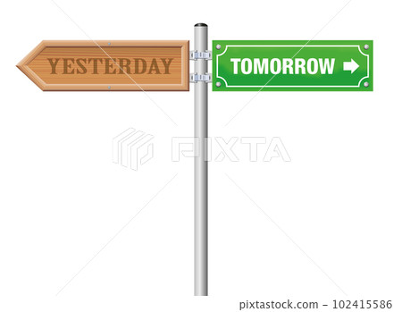 YESTERDAY and TOMORROW, written on a wooden and a green street sign - symbol for looking backwards and forwards, for bygone and challenge, for history and future - isolated vector on white. YESTERDAY and TOMORROW, written on a wooden and a green street sign - symbol for looking backwards and forwards, for bygone and challenge, for history and future - isolated vector on white. 102415586