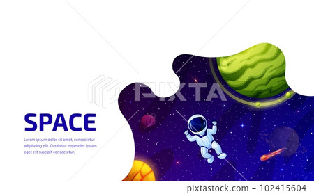 Space landing page. Cartoon astronaut in outer space of alien galaxy with fantasy planets, asteroids and comets on starry sky vector background. Business company, project website landing page template Space landing page. Cartoon astronaut in outer space of alien galaxy with fantasy planets, asteroids and comets on starry sky vector background. Business company, project website landing page template 102415604