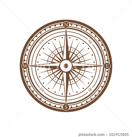 Compass, wind rose expedition symbol. Ocean sailing compass, nautical geography map latitude, sea expedition direction antique vector sign. Medieval marine navigation wind rose ancient symbol or sign 102415605