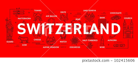 Switzerland travel icons with vector line swiss mountains, cheese, chocolate and cow, knife, ski and half timbered house. Outline alphorn, watch, bank, lake Geneva and bear, hot air balloon, tunnel Switzerland travel icons with vector line swiss mountains, cheese, chocolate and cow, knife, ski and half timbered house. Outline alphorn, watch, bank, lake Geneva and bear, hot air balloon, tunnel 102415606