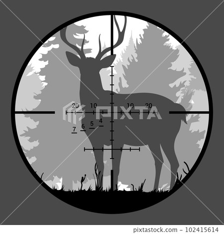 Deer target, hunting sport animal in rifle or gun sight scope crosshair with forest nature landscape vector background of pine trees and grass silhouettes in mist. Hunter trophy, shooting scene themes Deer target, hunting sport animal in rifle or gun sight scope crosshair with forest nature landscape vector background of pine trees and grass silhouettes in mist. Hunter trophy, shooting scene themes 102415614