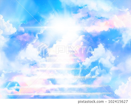 Fantastic near-death experience-style fantasy background illustration with cloud stairs leading to heaven and heavenly light 102415627