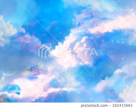 A near-death experience-style fantasy background illustration of a fantastic pastel-colored cumulonimbus cloud in which the light of the heavens shines 102415661