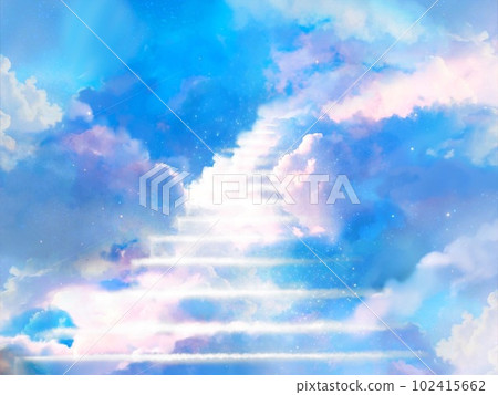 Fantastic near-death experience-style fantasy background illustration with cloud stairs leading to heaven and heavenly light Fantastic near-death experience-style fantasy background illustration with cloud stairs leading to heaven and heavenly light 102415662