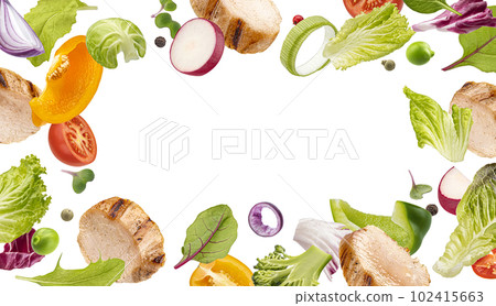 Grilled chicken slices with vegetables isolated on white background 102415663