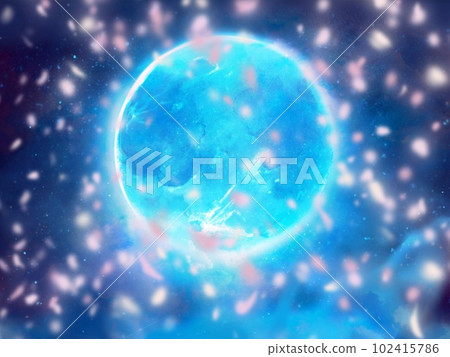 Fantasy background landscape illustration with a blue full moon floating in the night sky and a blizzard of cherry blossoms Fantasy background landscape illustration with a blue full moon floating in the night sky and a blizzard of cherry blossoms 102415786