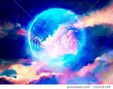 Outer space background illustration of a blue shining full moon and a rainbow-colored sea of clouds Outer space background illustration of a blue shining full moon and a rainbow-colored sea of clouds 102416199