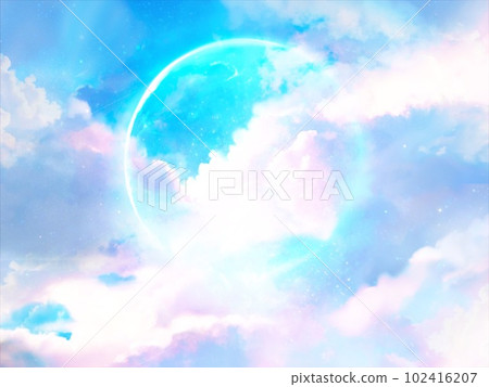 藍色閃亮的滿月和彩虹色的雲海的外層空間背景插圖 藍色閃亮的滿月和彩虹色的雲海的外層空間背景插圖 102416207