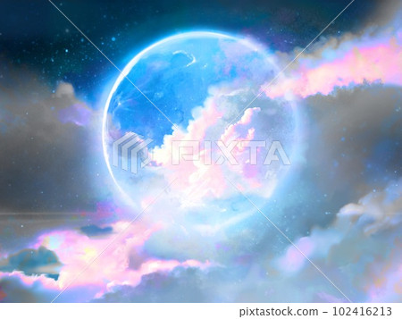 Outer space background illustration of a blue shining full moon and a rainbow-colored sea of clouds Outer space background illustration of a blue shining full moon and a rainbow-colored sea of clouds 102416213