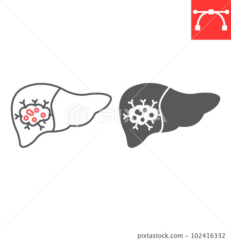 Liver cancer line and glyph icon, oncology and medicine, liver tumor vector icon, vector graphics, editable stroke outline and solid sign, eps 10. Liver cancer line and glyph icon, oncology and medicine, liver tumor vector icon, vector graphics, editable stroke outline and solid sign, eps 10. 102416332