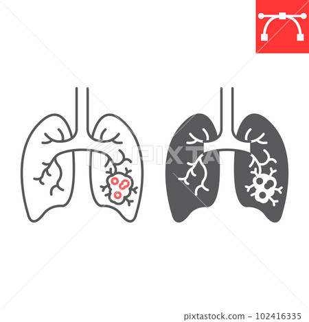 Lungs cancer line and glyph icon, oncology and medicine, lungs tumor vector icon, vector graphics, editable stroke outline and solid sign, eps 10. Lungs cancer line and glyph icon, oncology and medicine, lungs tumor vector icon, vector graphics, editable stroke outline and solid sign, eps 10. 102416335
