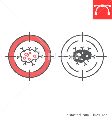 Targeted therapy line and glyph icon, oncology and treatment, cancer therapy vector icon, vector graphics, editable stroke outline and solid sign, eps 10. Targeted therapy line and glyph icon, oncology and treatment, cancer therapy vector icon, vector graphics, editable stroke outline and solid sign, eps 10. 102416339