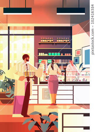 mix race doctors pharmacists team in uniform working together modern drugstore interior medicine healthcare concept 102416384