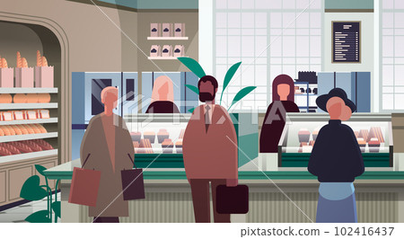 mix race people group standing in modern bakery with fresh pastries sweets cakes and bread horizontal 102416437