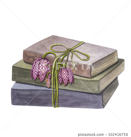 Stack old vintage books tied with spring flower Snake's head fritillary. Hand-drawn watercolor illustration isolated on white background. For card, poster, label, scrapbook, logo Stack old vintage books tied with spring flower Snake's head fritillary. Hand-drawn watercolor illustration isolated on white background. For card, poster, label, scrapbook, logo 102416758