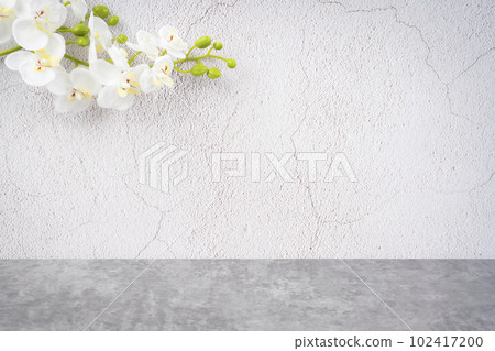 The Wood floor and old cement wall with white orchid decorate, empty room for background. 102417200