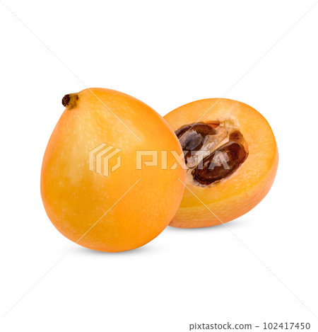 Half and whole ripe loquat fruits isolated on white background 102417450