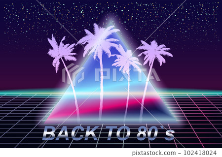 Back to 80's retro banner vaporwave aesthetic background Synthwave. Palms silhouette triangle grid 3d, sunset retrowave Back to 80's retro banner vaporwave aesthetic background Synthwave. Palms silhouette triangle grid 3d, sunset retrowave 102418024