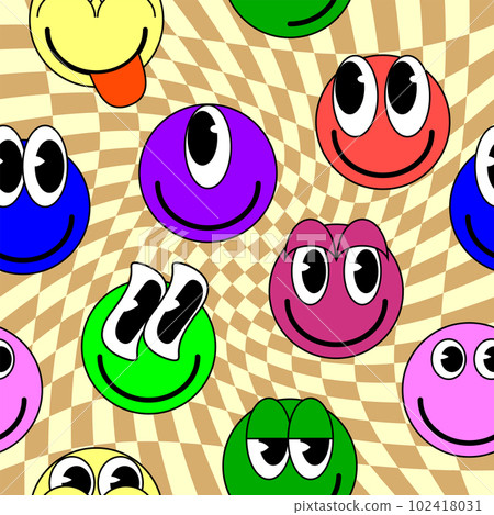 Smiley faces stickers, trippy seamless pattern. Retro trendy check distortion background Smiley faces stickers, trippy seamless pattern. Retro trendy check distortion background 102418031