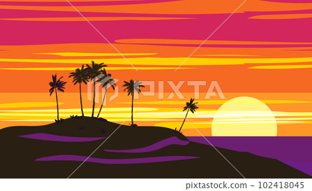 Tropical sunset summer beach landscape. Exotic scene, palms silhouette, sundown, ocean, sea banner 102418045